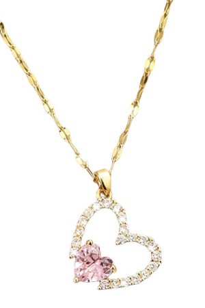 Collier Pendentif Cœur Plaqué Or Pierre Rose - Acier Inoxydable Zircon - Bijou Fantaisie Femme
